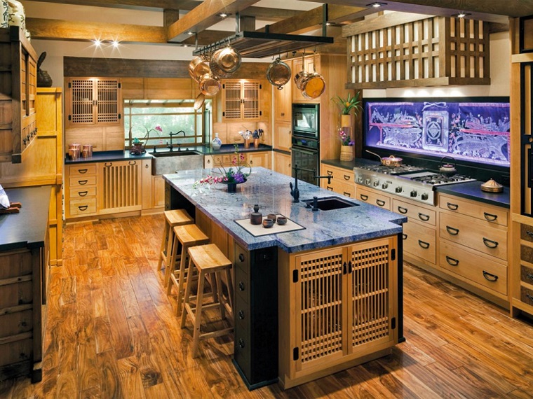 silla madera isla encimera cristal ideas cocina moderna