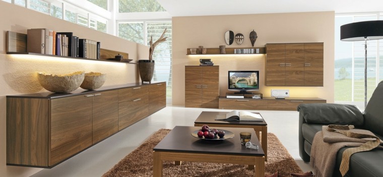 tecnologia moderna armarios madera estanterias iluminadas 