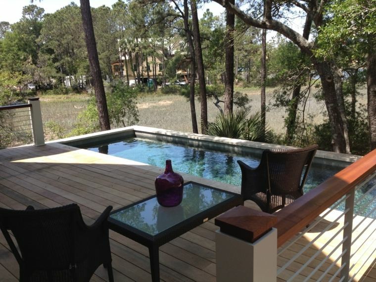 terraza piscina sillas mesa jarron