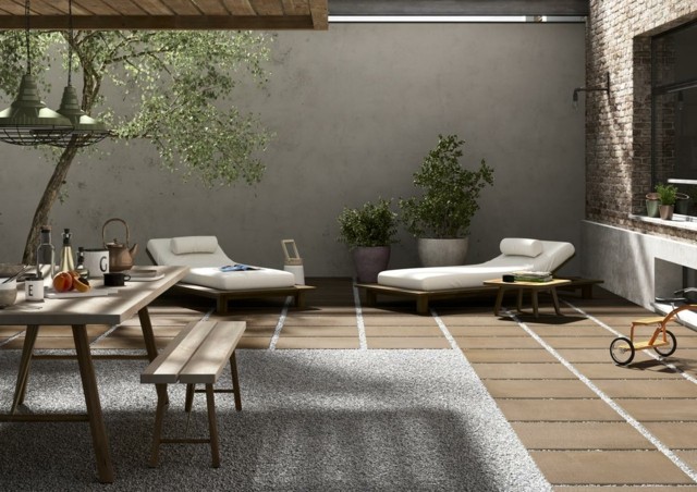 terraza tumbonas banco piedras moderna comodos