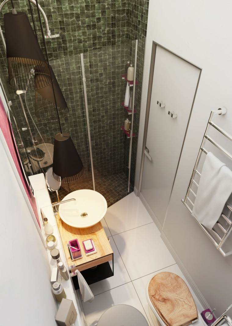 apartamento bano pequeno verde blanco lavabo cristal ideas