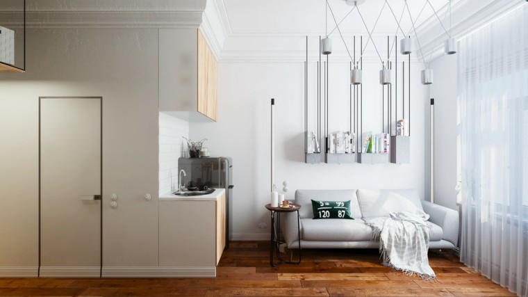 apartamento sofa pequena blanca estanterias cortinas ideas