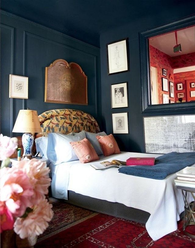dormitorio azul añil estilo boho