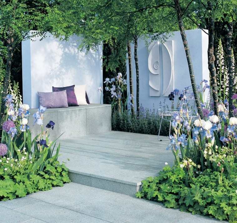 azulejos baldosas banco cojines colores jardin ideas