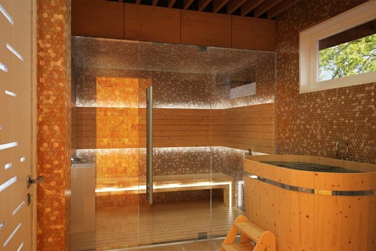 baño estilo moderno bañera madera