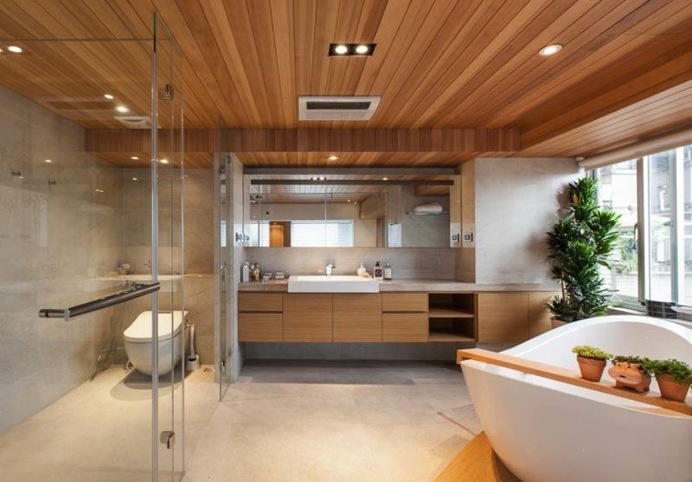 baño moderno techo laminado madera