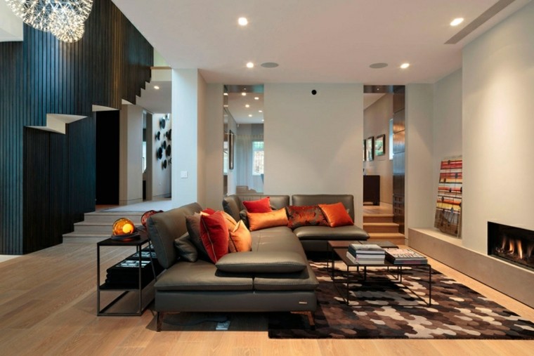 calidad mueble salon sofa cuero negro cojines rojos ideas