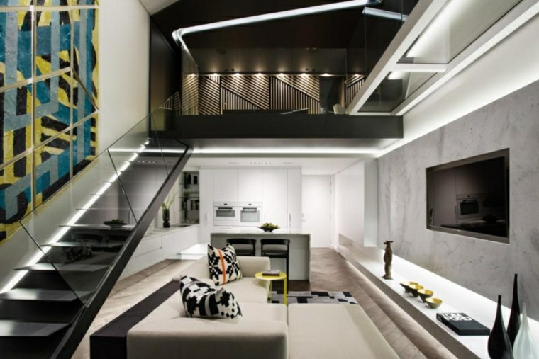 muebles salon moderno escaleras cojines ideas