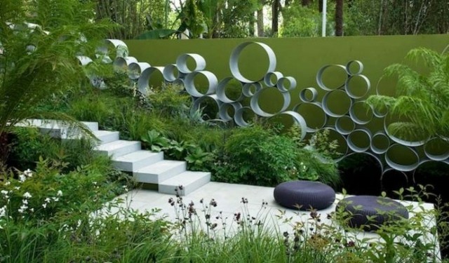 circulos decorativos metal pared jardin