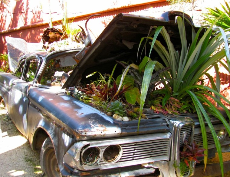 coche viejo macetero plantas jardin