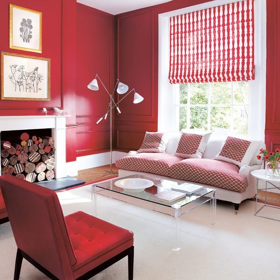 color rojo salon pared muebles cortinas ideas
