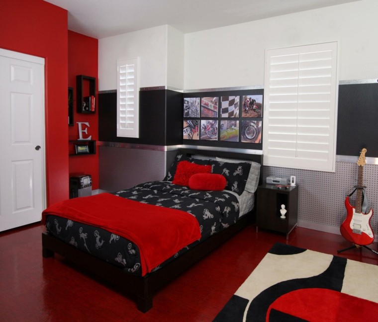 combinacion gris negro blanco rojo pared dormitorio ideas