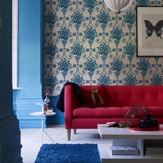 combinacion rojo azul salon moderno mesa cafe baja ideas