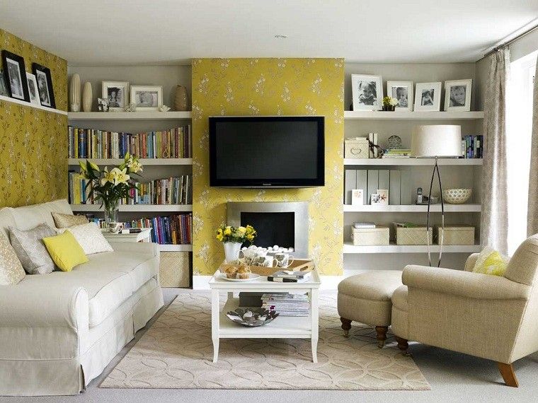 decoracion de salones pequeños amarillo pared muebles