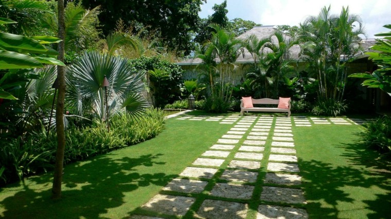 diseno simple jardin tropical palmeras privado ideas