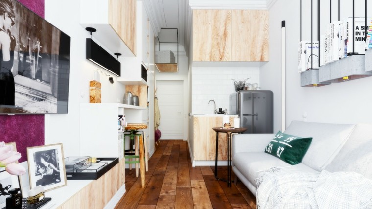 diseno suelo madera apartamento pequeno sofa blanca ideas
