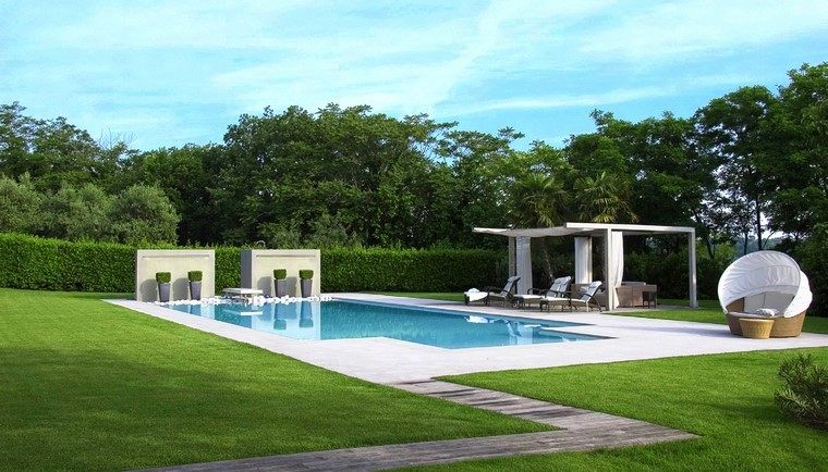 diseño de jardines modernos minimalista piscina muebles