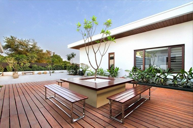 diseño de jardines modernos terraza plantas madera