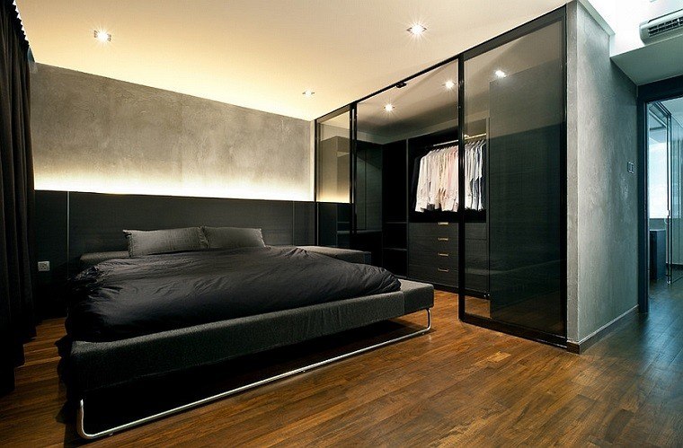 dormitorio elegante cama grande negra iluminacion pared moderno