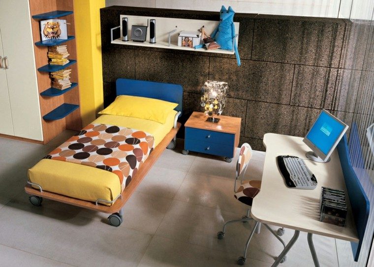 dormitorios juveniles pequenos escritorio amarillo marron ideas