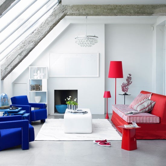 entretenimiento salon estilo minimalista rojo azul butacas sofa ideas