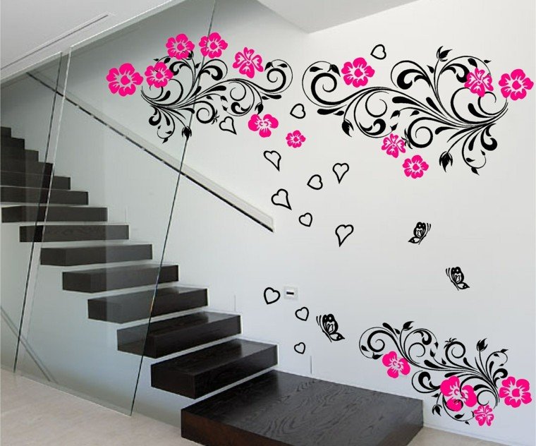 escalera vinilo diseño madera flores rosa