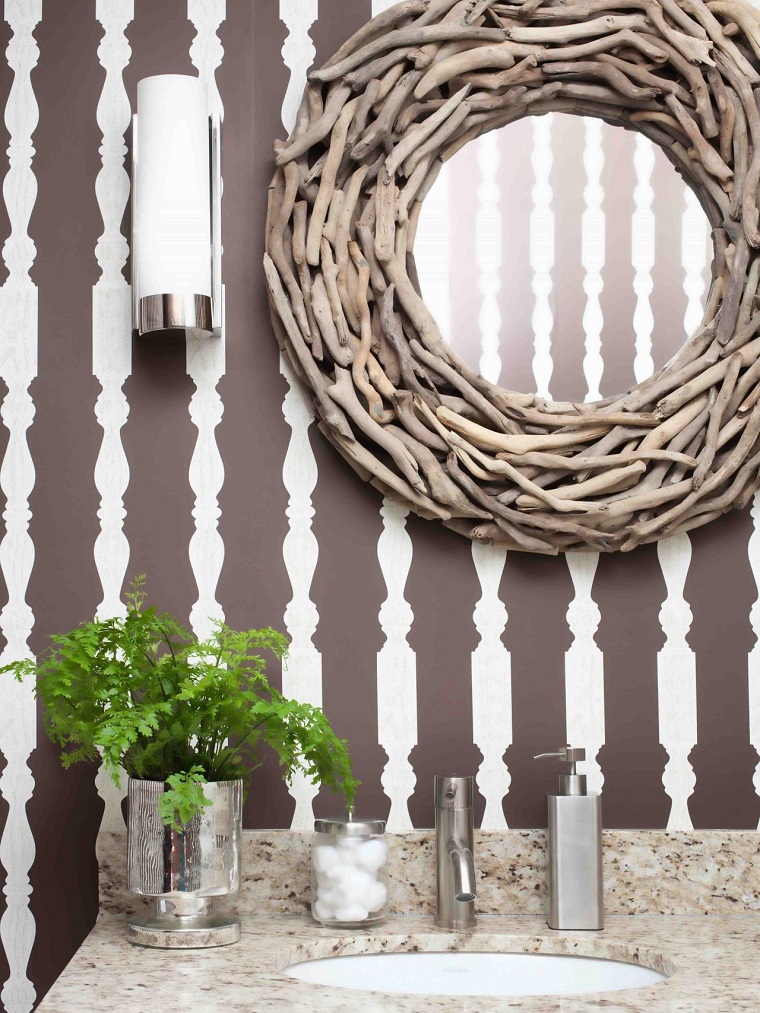 espejo de ramas muy original para el baño espejo papel-pared decorativos jarron banos pequenos modernos ideas