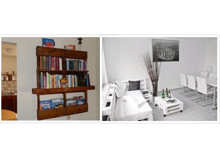 estante blanco cuadros sillas libros sofá