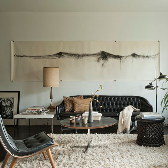 estilo retro sofa cuero negro idea interesante decora pared moderno