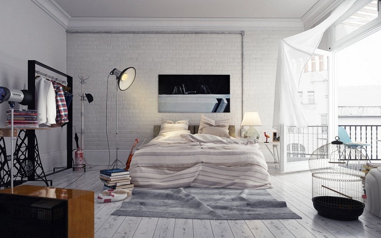 fantasía suelo madera pared ladrillo blanco dormitorio moderno