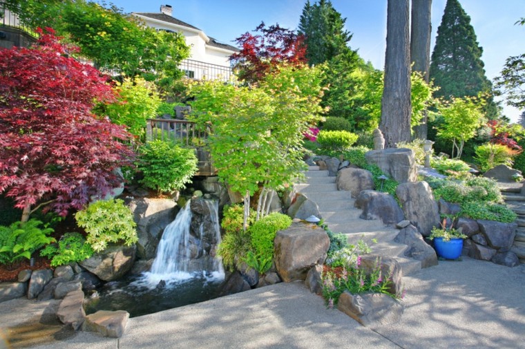 jardín con estanque y caida de agua diseño de jardines caida agua tranquilizante escalera ideas