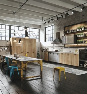 Loft y cocina con diseño de estilo industrial y rústico