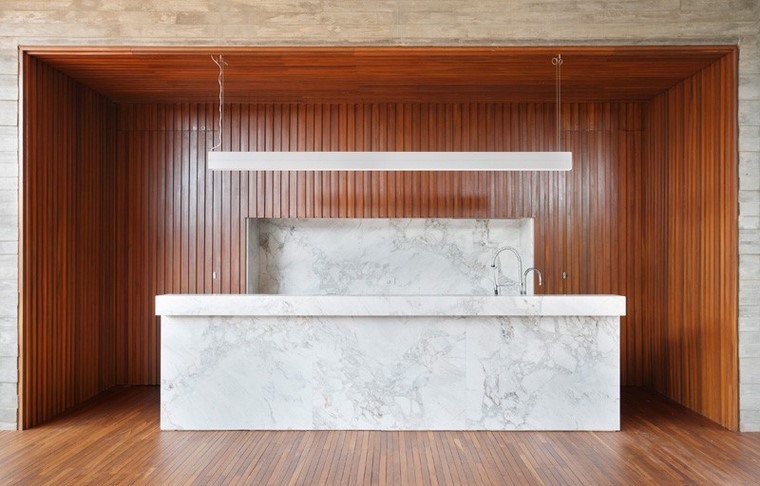 marmol blanco paredes madera cocina diseno ideas modernas