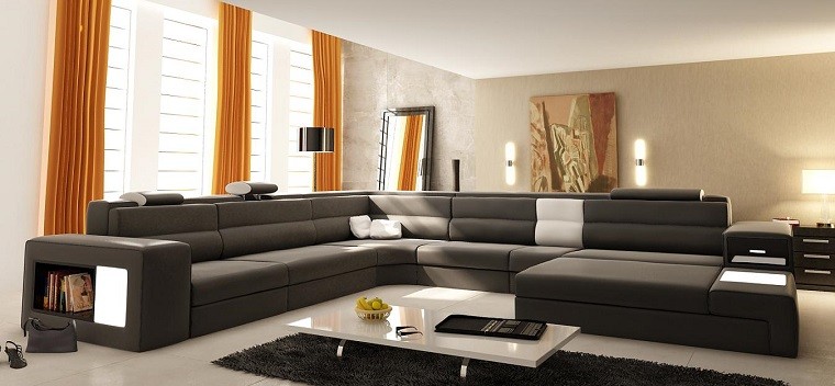 marron funcional sofa cortinas naranja