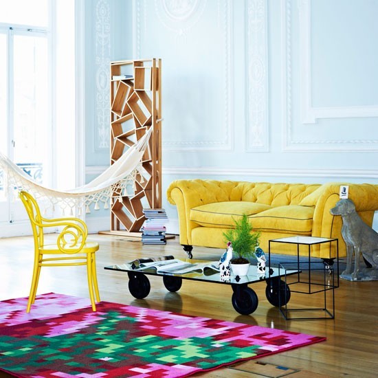 mesa baja cristal salon sofa amarillo ideas