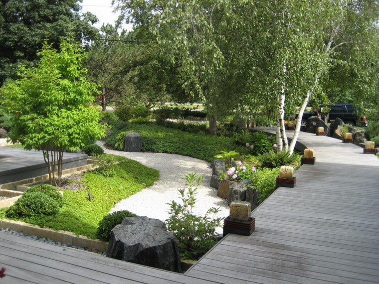moderno zen camino puente relajante jardin