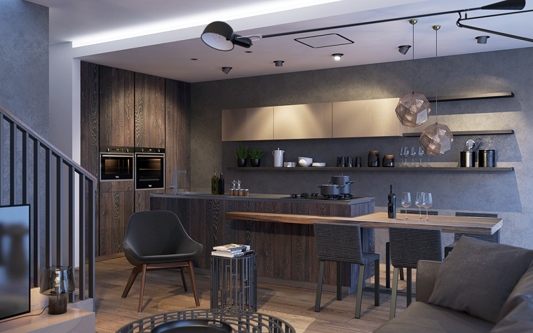 comedor abierto al salón de colores oscuros muebles comedor abiero cocina armario suelo techo madera ideas
