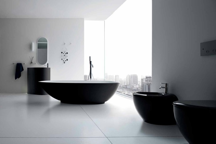muebles negros redondos moderno baño