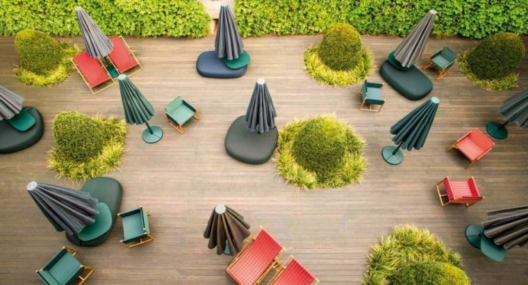 patio diseño sombrillas plegables terraza
