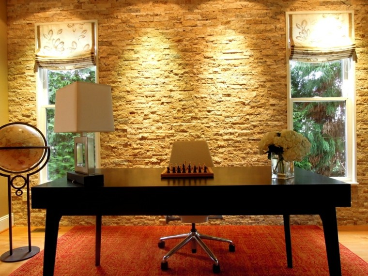 oficina pared piedra travertino oficina contemporanea luces