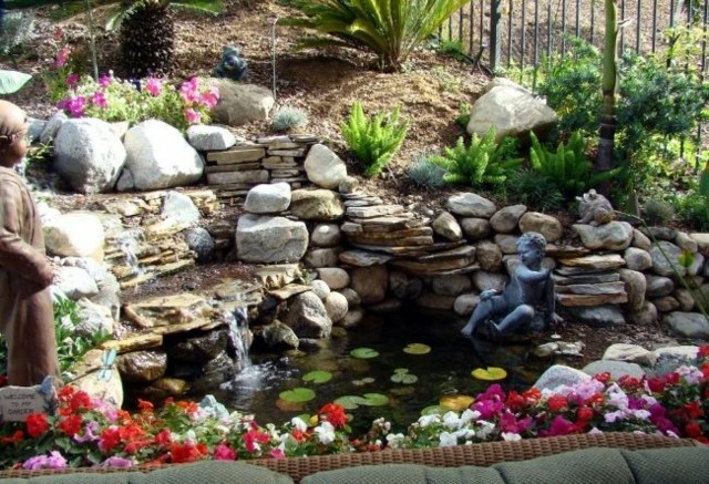 rocalla jardin estanque plantas flores