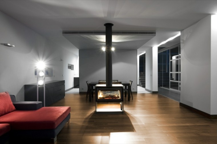 salon estilo moderno chimenea central