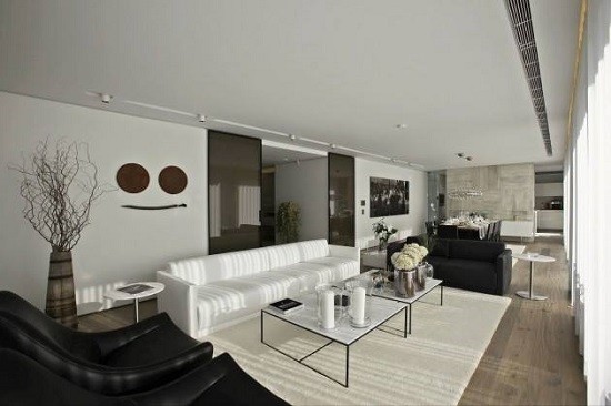 salon amplio largo color blanco sofa butacas negras ideas