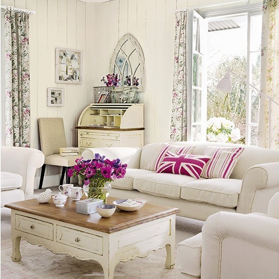 salon estilo shabby chic cortinas estampas florales ideas blanco