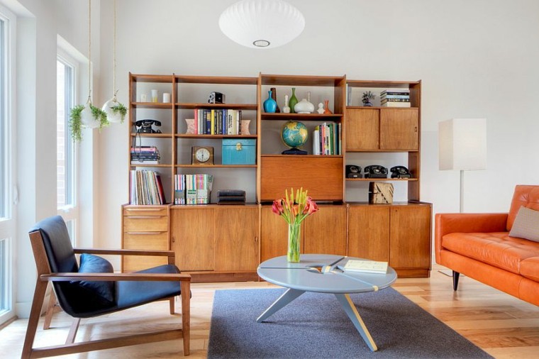 salon moderno estilo escandinavo sofa cuero naranja ideas