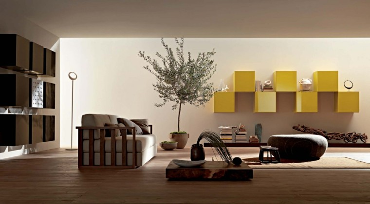 salon moderno muebles pared amarillos