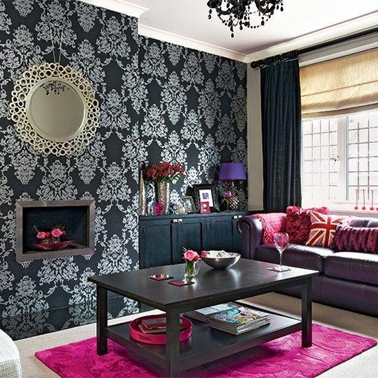 salon papel pared negro alfombra purpura ideas
