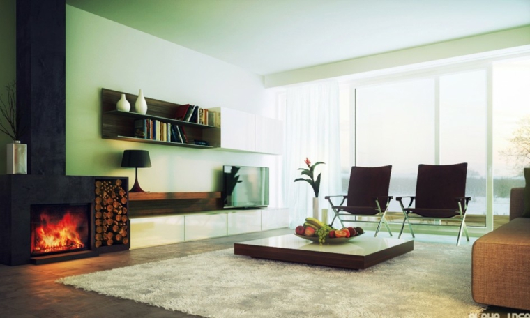salon color verde chimenea moderna