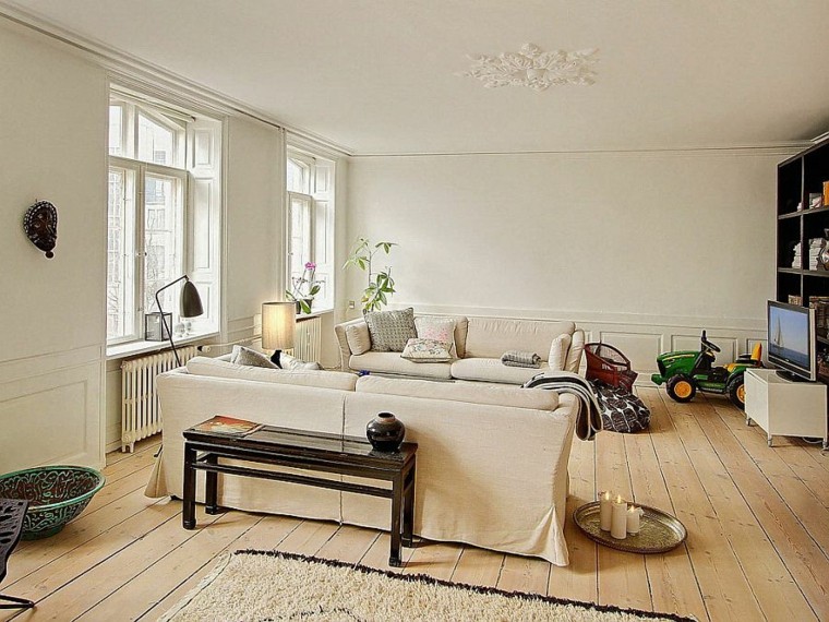 apartamento diseno escandinavo salon mesa madera ideas