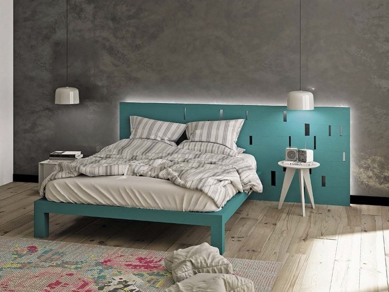 cama madera azul alfombra preciosa dormitorio ideas